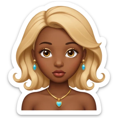 darkskin female with eyebrows that are naturally shaped and frame eyes well, eyes that are almond-shaped with defined lashes. nd lips are full with a defined cupid’s bow, add also a septum piercing that adds an edgy, stylish flair. a middle-part, honey blonde bust-down with laid baby hairs sticker