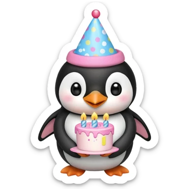 cute penguin  hold a birthday cake in both arms with pink birthday hat sticker