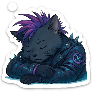  a anthro cat laying down his head to nap, punk gothic style, futuristic cyberwave cyberpunk, sticker