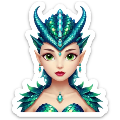 A gorgeous dragon woman with glittering jeweled scales covering her body and face. She has large almond shaped eyes, lush lips, and she wears a stunning luminescent gown. sticker