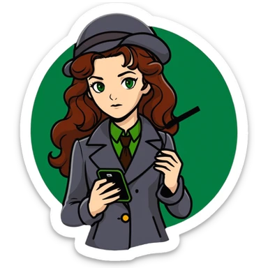 Green eyed long, wavy Auburn hair, beautiful young woman in a detective Sherlock Holmes outfit with a cell phone in her hand ￼ sticker