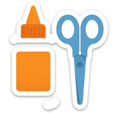 bottle of glue with orange label and tip and a pair of blue scissors, flat toon vector illustration sticker