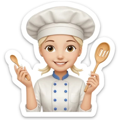 Young female baker - white chef hat, holding cream piping bags in both hands sticker