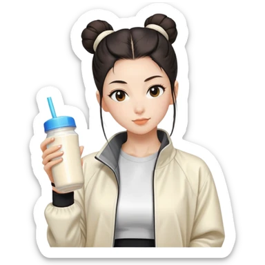 Japanese girl with cream jacket drinking pre workout shake middle part slick back bun sticker
