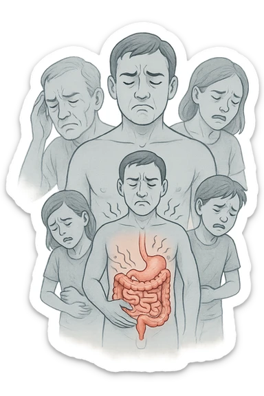 UNA SFILZA DI PARENTI TUTTE MALATE DI CANCRO AL COLON, SI TRAMANDO IL CANCRO NELLE GENERAZIONI, INTESTINO ANATOMICO VISIBILE ED ESPRESSIONE DI DOLORE IN VOLTO, MAL DI PANCIA sticker