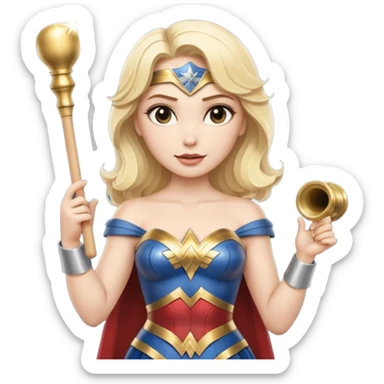Blonde Wonder Woman holding short white orchestra conductor’s baton and bell sticker