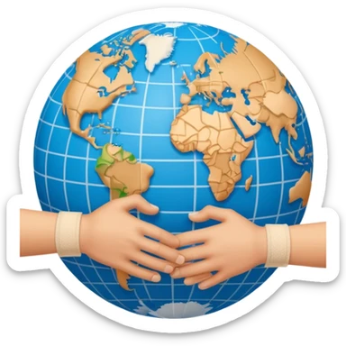 Generate an emoji of two hands shaking in front of a globe. Have a bandage wrap around the globe in the background. sticker