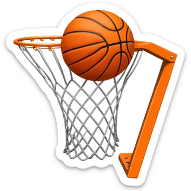 A close-up of a basketball shield and hoop with the ball swishing through the net, captured mid-air. The background emphasizes the tension and excitement of the moment, with the rim and net in sharp focus, showcasing the precision and skill of the sport. sticker