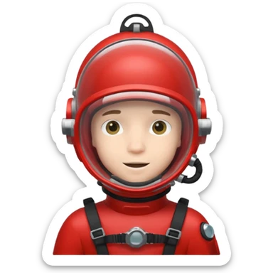 a boy  wearing a red scuba diving helmet with glass visor sticker