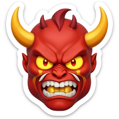 Muscular red demon emoji, 3D cartoon style, angry face, glowing eyes, unique horns. sticker