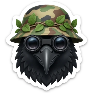 A raven (bird) from shoulders up and from 45 degrees, wearing dual tube night vision devices pvs-31 over their eyes, and a camoflage Boonie hat with a few more bits of scrim and leaves attached to the hat sticker