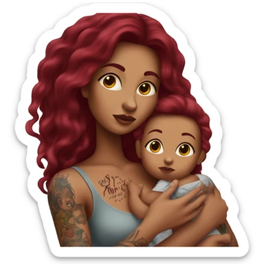 Beautiful tattooed burgundy long haired woman holding a baby sticker