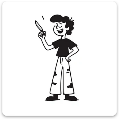 hand-drawn sketch of a savage person in 1988 outfit with mullet hair, acid wash jeans, holding knife, laughing crazily sticker