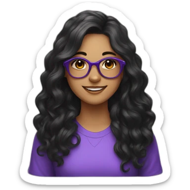 With Girl with long black hair with loose curls and purple glasses, smile, black eyes, sticker