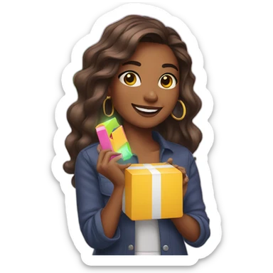 influencer taking a picture of herself holding a bright box in her arms sticker