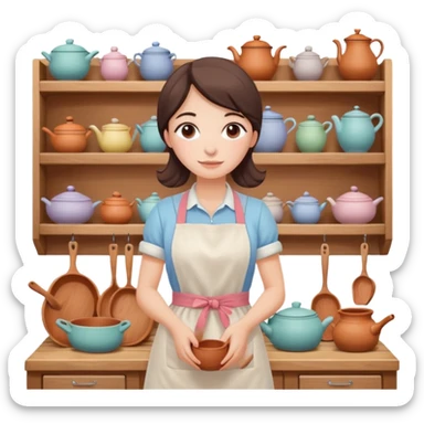 cartoon Apple iOS emoji style woman, pastel colors, Chilean wooden kitchen background, clay pots, warm light, detailed and clean vector art sticker