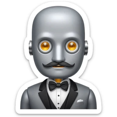 Gray Robot with a square head, no hair, thick handlebar moustache, headlight eyes, wearing a tuxedo, buff sticker