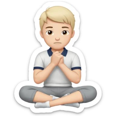 Cartoon boy sitting cross-legged, his fist pressed to his cheek, wearing a white polo and gray pants. He has a smug smirk, eyes looking forward. Clean lines, flat colors, solid black background, vector art, character sheet style. sticker