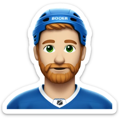 hockey player wearing blue helmet, with green eyes and red beard sticker