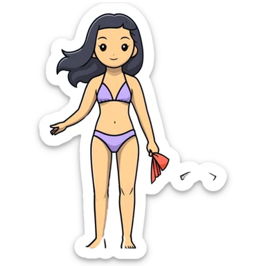 Slim Chinese woman with long black hair in appropriate beach attire at the beach with her completely solid grey Italian greyhound, ocean and sand visible, the dog has absolutely no white markings anywhere sticker