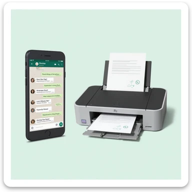 realistic thumbnail for a WhatsApp print out service, featuring a phone on the left with WhatsApp open, showing a chat with multiple file types, and a printer on the right printing out those files, on a simple background sticker