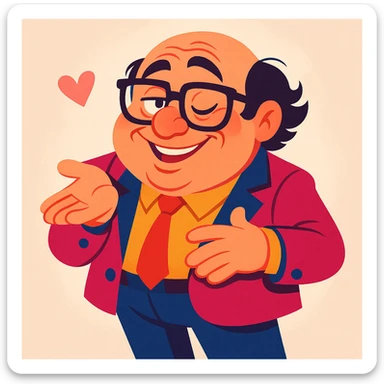 Danny DeVito as a suave, flirtatious cartoon, stylish outfit, playful smile, soft background sticker