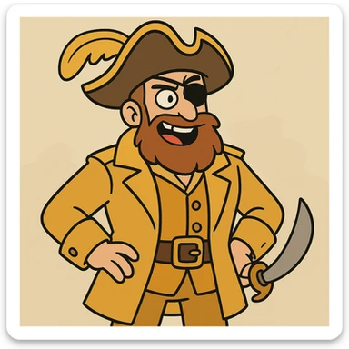 a pirate in a golden uniform and a hat with a golden feather, cartoon style sticker