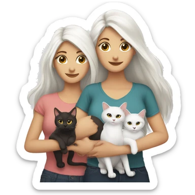Two white long hair brunettes with two cats in hands sticker