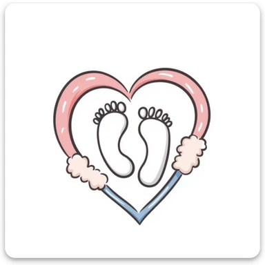 Simple, tasteful maternal symbol with a heart and tiny baby footprints. Hand-drawn doodle style using pastel colors (pink, light blue, lavender, peach). Gentle design representing motherhood and pregnancy. Sweet illustration with soft, nurturing elements. sticker