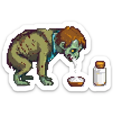 A zombie Leo  sniffing white powder with a background lab in the style of a pixel art sticker