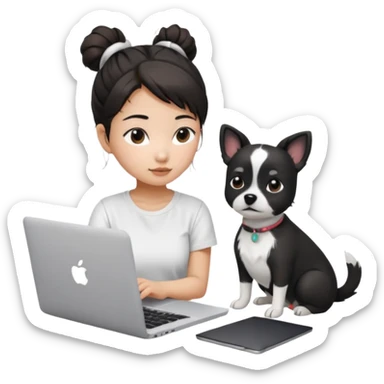 Asian girl with messy bun hair, wearing a white t-shirt, working on an Apple laptop, next to her is a small black and white dog sticker