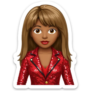 Tina Turner with long brown straight hair, red sequin outfit sticker