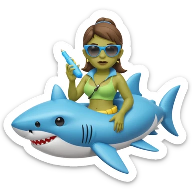 orc female sitting in an inflatable floatie shaped like a shark, wearing oversized sunglasses and a whistle on a neck cord, 2d sticker