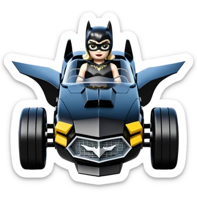  aerodynamic opulent dark knight futuristic concept Catwoman Batgirlmobile loosely based on 1977 Mustang roadster racing Lego (flat long straight faceted mechanical body) winged stealthy street hot rod  sticker