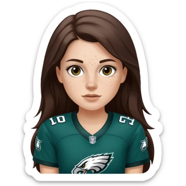 White girl with long darkish brown hair and freckles wearring a Philadelphia eagles jersey sticker