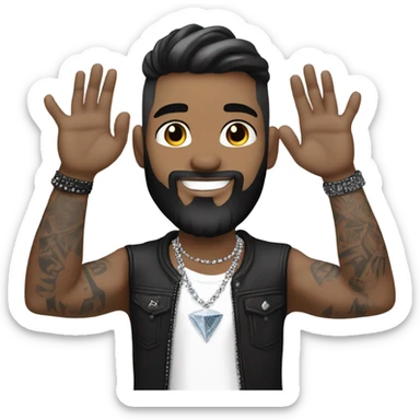 Younger white male that has grey blue eyes, dark brown hair with grey on the sides, a beard, and tattoos. He is wearing a diamond coated white gold necklace and a black punk band t-shirt while waving hello sticker