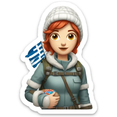 female winter mountaineer red hair holding easter egg and greek flag  sticker