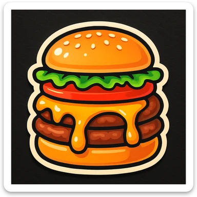 Add fresh green lettuce and juicy red tomato slices to the cheeseburger, keeping the cartoon emoji style, high detail, bright colors, and appetizing look. sticker