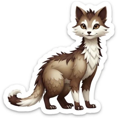 Kawaii dark edgy brown beige white fantasy ethereal feline-vernid-sergal-fursona animal creature with a tufted tail full body with intricate markings  sticker