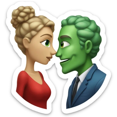 Beatiful tall green skin female reptilian in red dress, kissing white man in blue dress, full figure, full body sticker