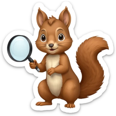 realistic squirrel emoji, small brown animal with bushy tail, large cheeks, small upright ears, pointed snout, holding a huge magnifying glass sticker