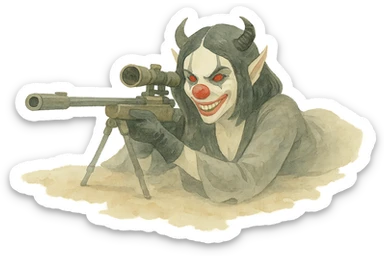 Evil clown assassin, prone and aiming a sniper rifle, watercolor art style, soft edges, flowing colors, artistic, transparent background. sticker