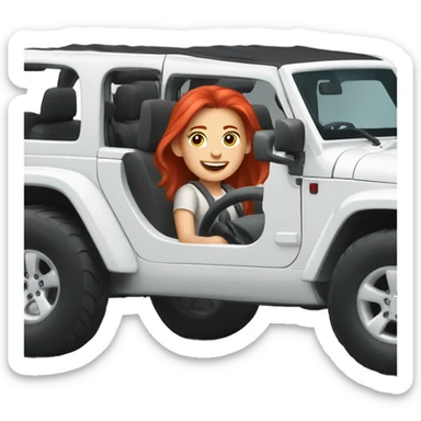 White Jeep with a red headed girl driving sticker