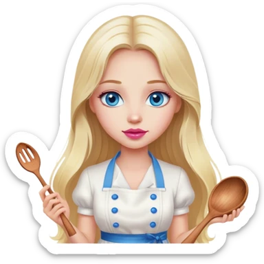 Cinematic realistic beautiful blonde with long hair, blue eyes and pink lips in a white dress cooks sticker