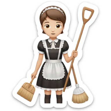 Guy with short brown hair wearing a cute maid dress, sweeping sticker