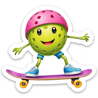 a pickleball ball with legs riding a skateboard sticker