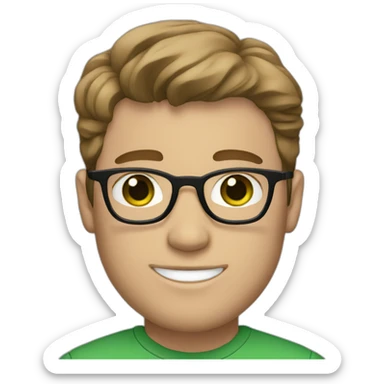 white man with medium brown hair wearing glasses, with green eyes, with freckles and braces sticker