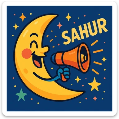 crescent moon with a megaphone shouting 'Sahur', playful and lively, stars and sparkles, colorful cartoon style sticker