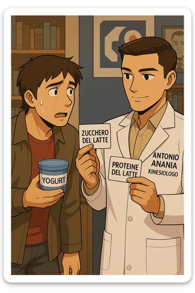 fai un webtoon manga a colori con questo stile, in cui un uomo ASCOLTA Il kinesiologo con il camice bianco (fagli anche la scritta "ANTONIO ANANIA" SUL CAMICE, IL KINESIOLOGO SPIEGA ALL'UOMO UNA COSA TENENDO DUE FOGLIETTINI IN MANO, UNO CON LA SCRITTA "ZUCCHERO DEL LATTE" E UNA CON LA SCRITTA "PROTEINE DEL LATTE". L'UOMO OSSERVA LO YOGURT CHE HA IN MANO CON ESPRESSIONE DUBBIOSA IN VOLTO. non fare i fumetti però, fai solo in modo che sembri stiano parlando sticker