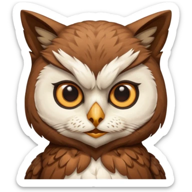 An cats head with a brown on top of the head of the cat the cats head infused with an white owls body with brown wings sticker